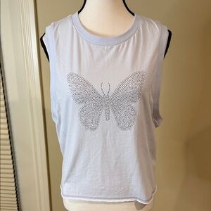 Vintage Havana Muscle Tee Top Oversized Blue With Rhinestone Butterfly Design